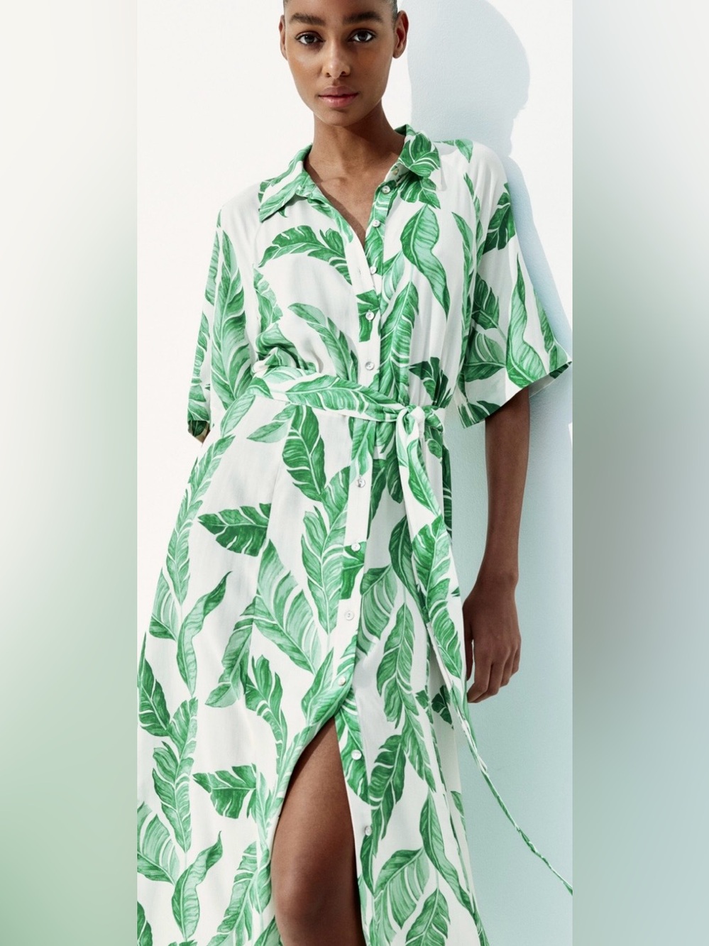H&M White Midi Shirt Dress with Green Leaf Print and Tie Waist